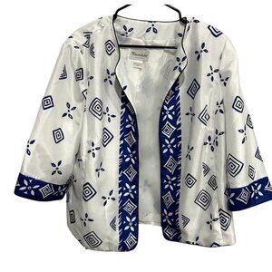 Tanjay Petites White Blue Geometric Open Front Jacket 3/4 Sleeves Size 16P